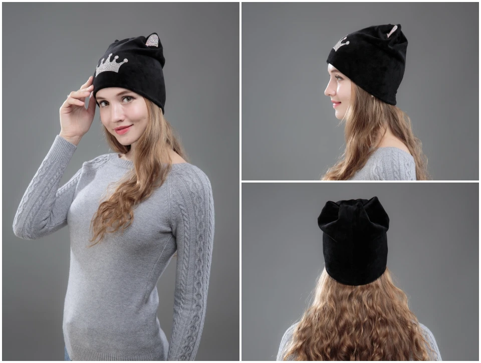 Ohcoxoc дизайн Женщины шапочки Skullies принцессы для девочек Милая Осенняя зимняя шапка с кошачьими ушками Блестящий Корона со стразами
