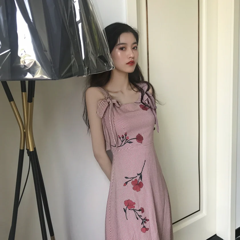 Lychee Girls Plaid Flower Embroidery Lace Up Sleeveless Summer Women Dress Long Causal A Line Female | Женская одежда