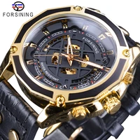 forsining 2019 military design black golden leather belt mens automatic sport mechanical skeleton wrist watches top brand luxury