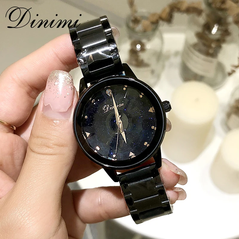Black Dimini женские часы из нержавеющей стали женские часы модные роскошные золотые кварцевые наручные часы женские часы подарок Прямая поставка - Цвет: Black