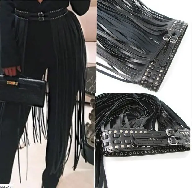 Black women's long tassel rivet rope decoration cummerbund belt europe style punk hiphop black leather waist belt feninino S30