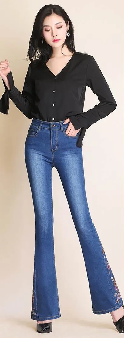 Light Blue Новые женские расклешённые джинсовые брюки с вышивкой, высокая талия, женские повседневные джинсы с цветочным рисунком, высококачественные узкие облегающие брюки - Цвет: Light Blue
