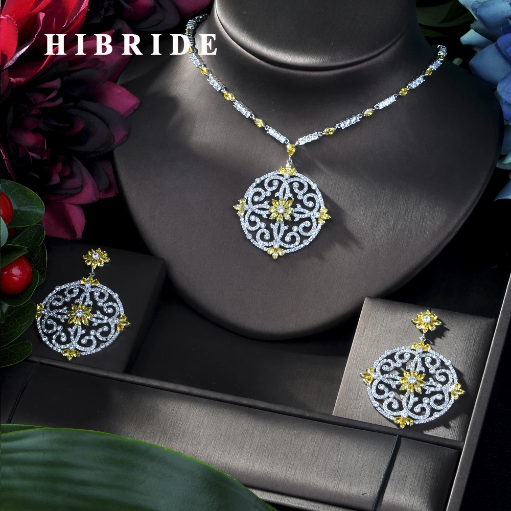 

HIBRIDE Luxury Women Jewels Elegant Shape Bridal CZ necklace earrings Big Wedding Jewelry Sets For Bride N-157