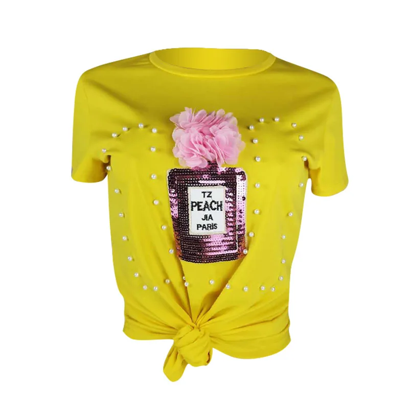 Футболка женская летняя с круглым вырезом жемчугом и блестками в европейском