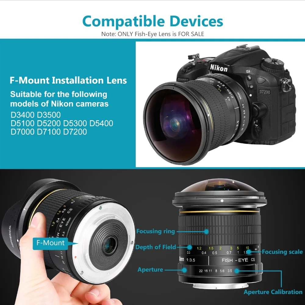 Асферический HD объектив рыбий глаз Neewer Pro 8 мм f/3,5 для Nikon D5, D4s, D4, D3x, Df, D850, D810, D750, D610, D500, D7500, D7200, D7100, D5600