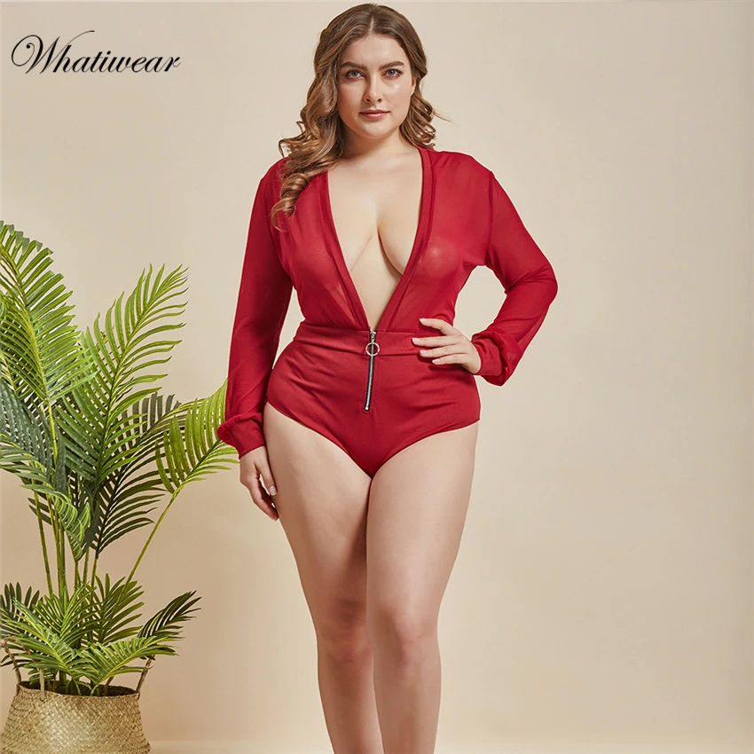 Whatiwear плюс размер с длинным рукавом Кружевное боди прозрачное Женское