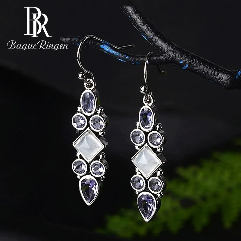 Женские серьги подвески с аметистом Begua Ringen Винтажные из серебра 925 пробы лунным