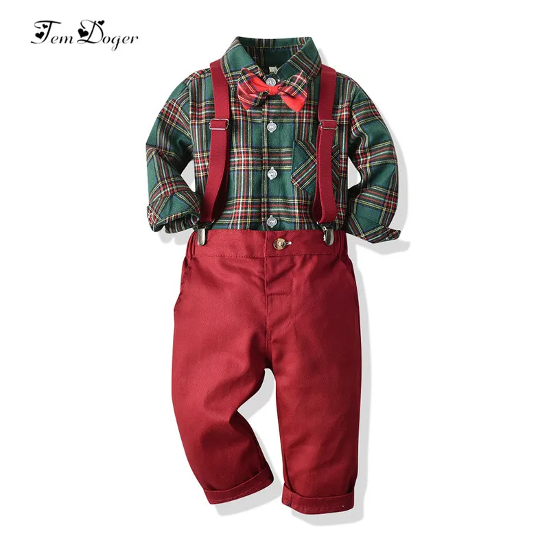 Tem Doger Boy Clothing Sets 2019 Autumn Kids Boys Clothes Long Sleeve Plaid Tops+Pants+Straps 3PCS Casual Suit Children | Детская одежда