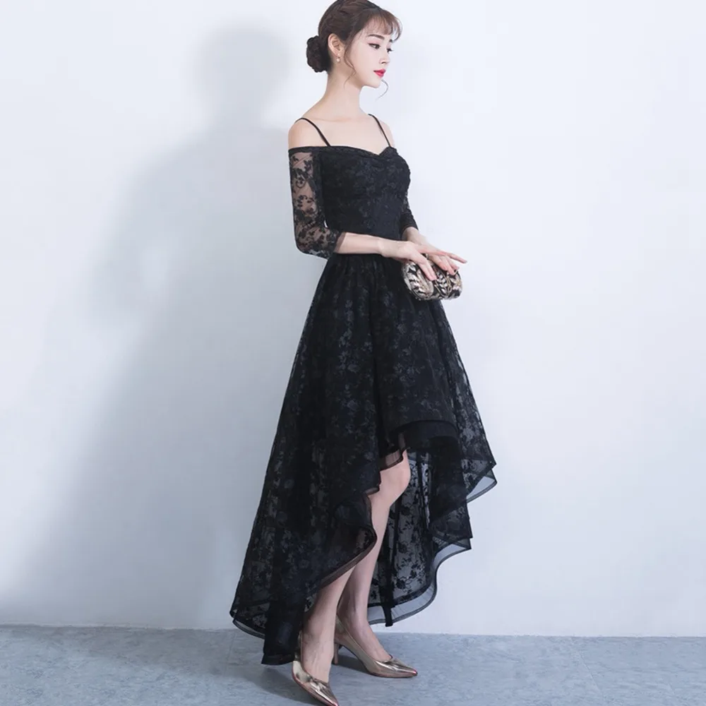 prom dresses sexy black lace vestidos de festa longo high/low dress with 3/4 sleeves sweetheart gown | Свадьбы и торжества