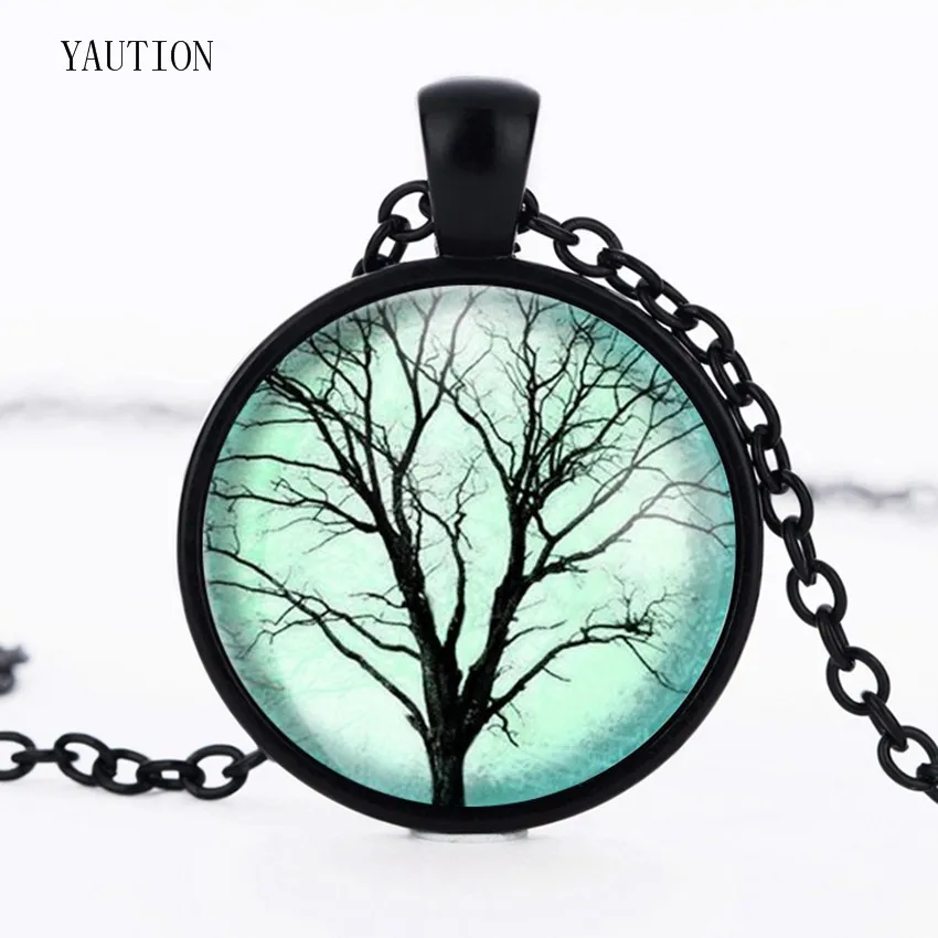 YAUTION модное Древо жизни Ожерелье Стеклянный кабошон картина Кулон лес черный