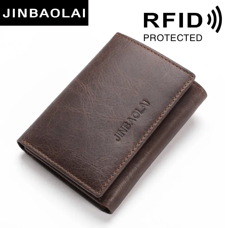 Dark Coffee RFID Блокировка натуральная кожа кошельки 3 раза короткий мужской клатч кожаные кошельки кредитный держатель для карт Carteira кошельки сумки - Цвет: Dark Coffee