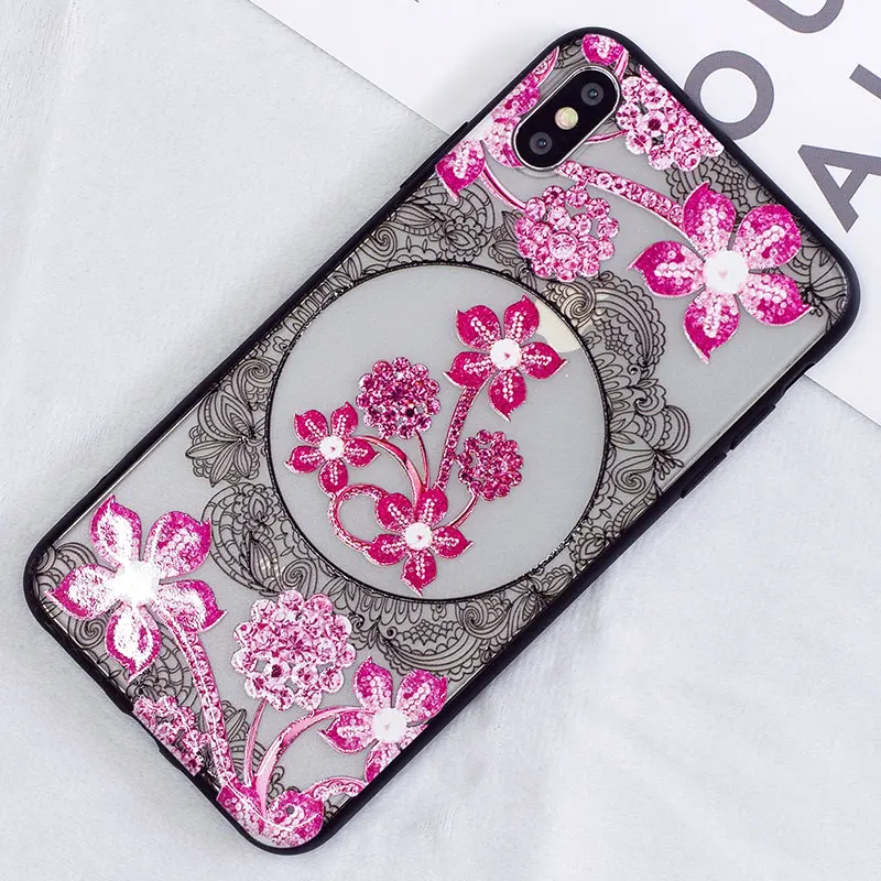 Boucho 3D Lace Diamond Floral Case for iPhone XS MAX Phone X XR 6 6s 7 8 plus Flower Clear Plastic Cover |