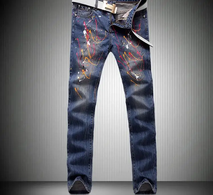 

28-38 HOT / Spring Men's New Fashion Leisure Character print slim straight leg pants to paint jeans