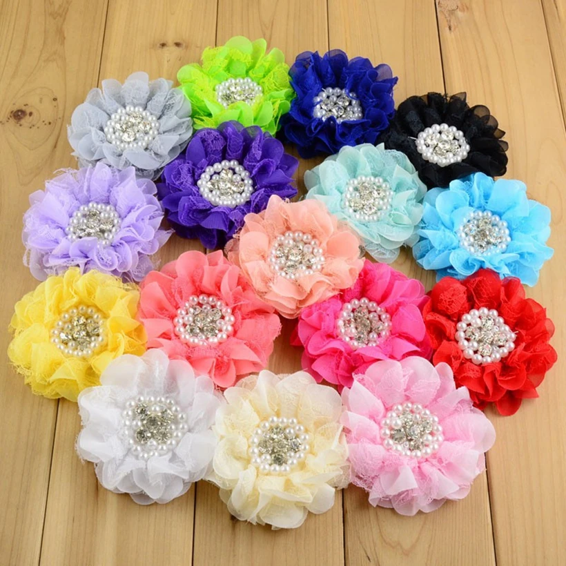 Детские шифоновые цветы со стразами 240 шт./лот 3 54 дюйма для девочек повязка на