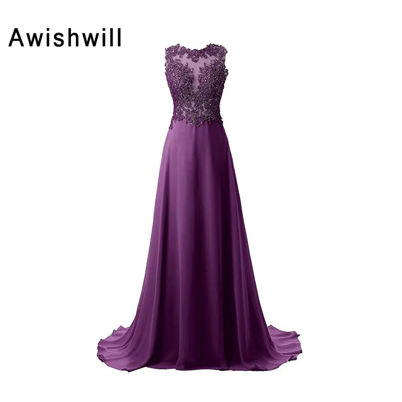 

Real Photo Long Prom Dresses 2020 Open Back Modest Robe De Soiree Appliques Beading Chiffon Formal Evening Gowns Party Dress