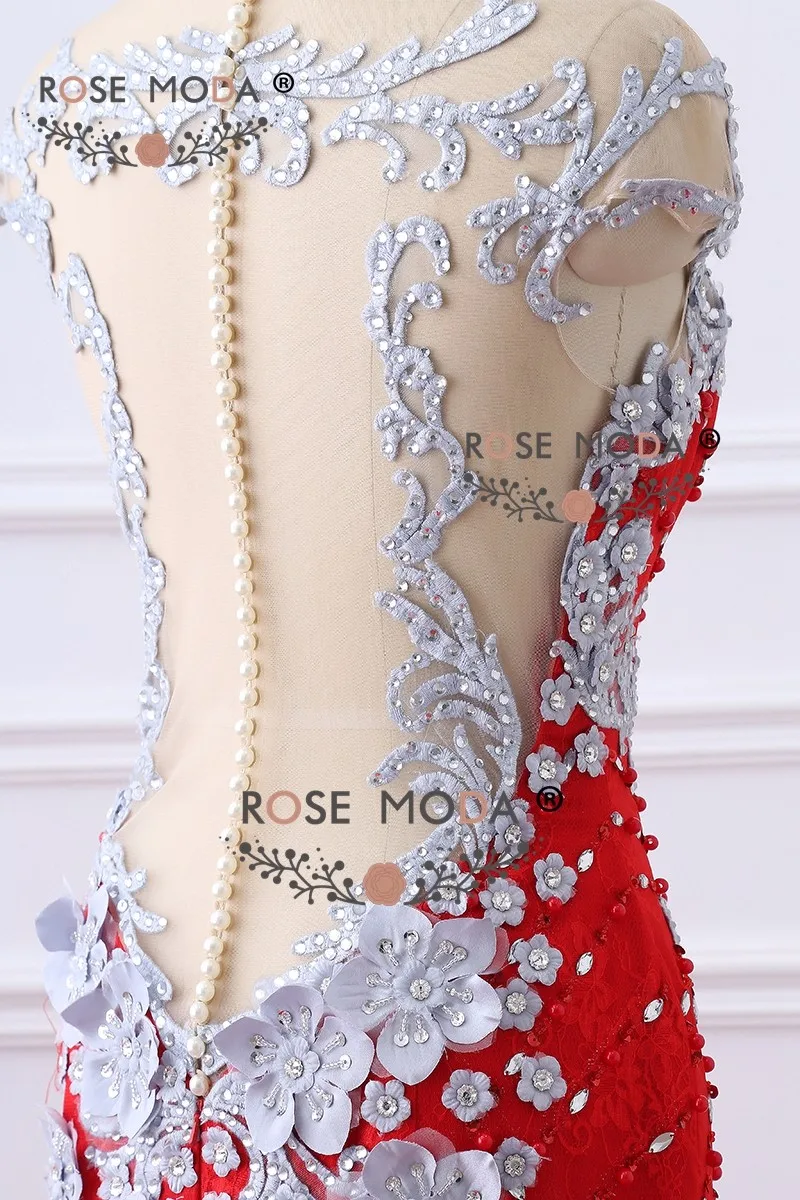 Rose Moda, роскошное Красное Кружевное платье русалки для выпускного вечера, украшенное бисером, с открытой спиной, ручная работа, 3D цветы, жемчужные пуговицы, официальное вечернее платье