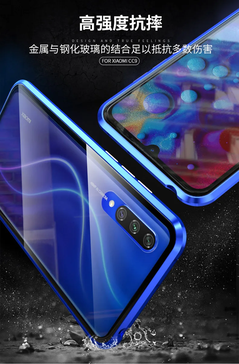 Передняя Задняя стеклянная Магнитная крышка для Xiaomi A3 Lite чехол Прозрачный Роскошный Алюминиевый металлический магнит чехол 360 полная защита