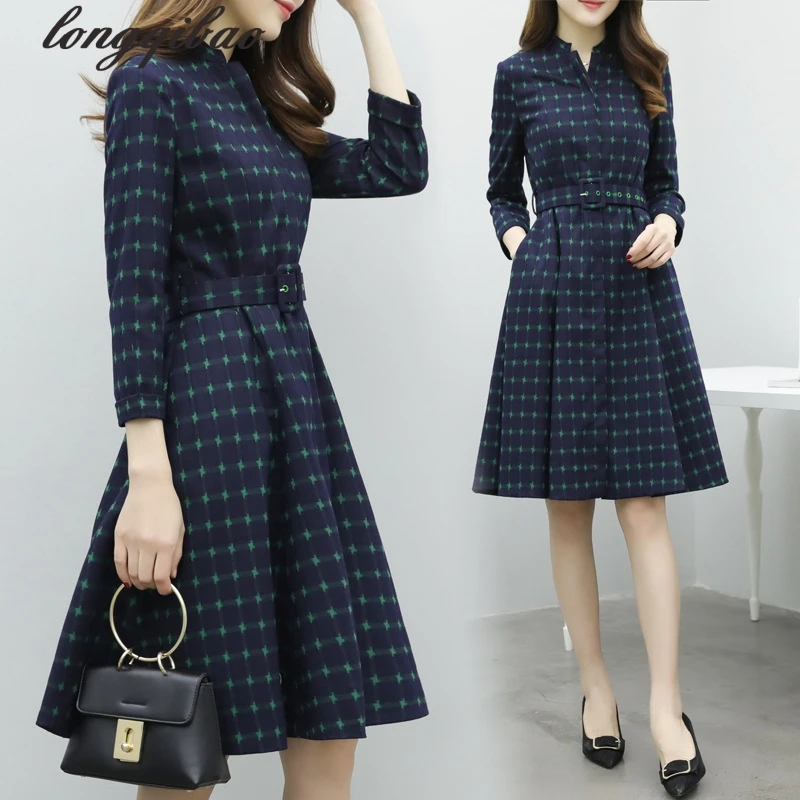 Платье в клетку с высокой талией и рукавами европейском американском стиле AL7427
