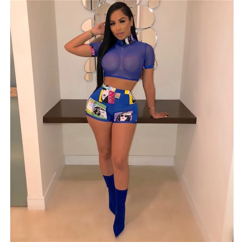 

Adogirl Plus Size S-3XL Sexy Women Two Piece Set Sheer Mesh Short Sleeve Crop Top Fashion Print Shorts Tracksuit Night Club Suit