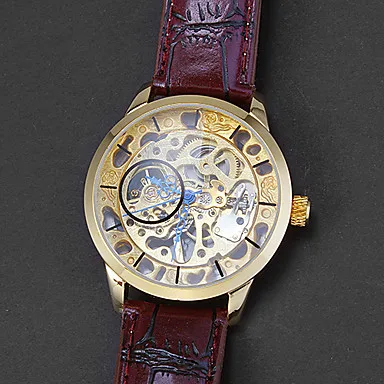 Men's Auto-Mechanical Hollow Engraving Round Dial Pu Band Analog Wrist Watch | Наручные часы