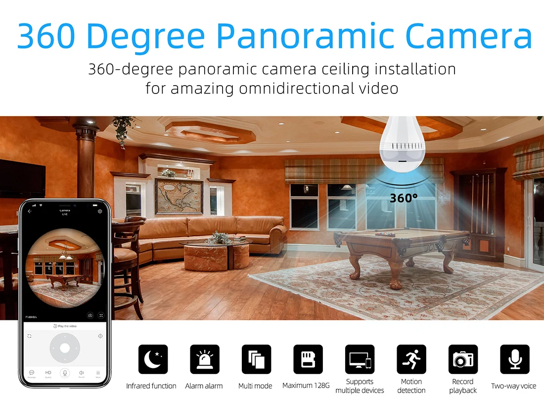 TAOCOCO светодиодный светильник, беспроводная панорамная HD ip-камера рыбий глаз, WiFi, лампа, лампа для домашнего видеонаблюдения, камера ночного видения 1080P