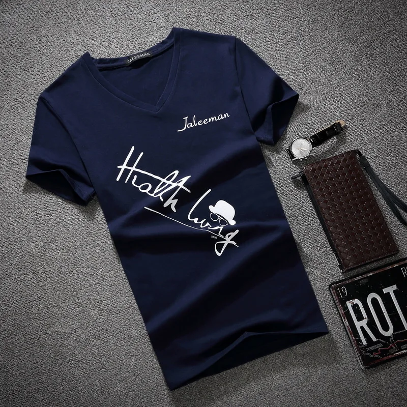 Футболка мужская с V-образным вырезом модная тенниска короткими рукавами и