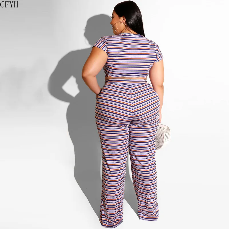 

Plus Size Rainbow Striped Two Piece Suits Women Clothes O Neck Short Sleeve Crop Top And Wide Leg Pant Summer 2Pcs Matching Set
