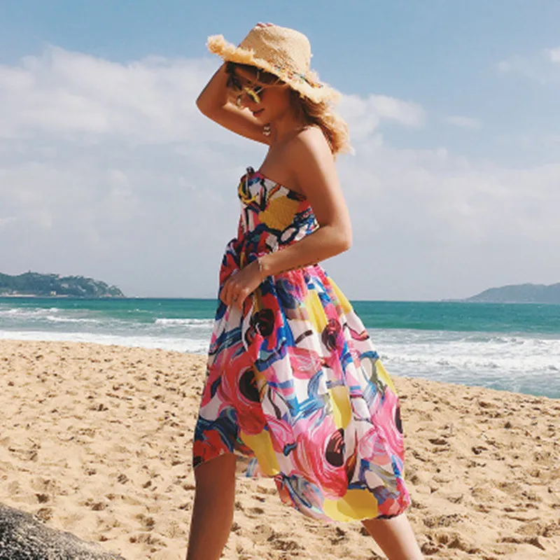 

Chiffon Women Summer Dress Sexy Halter Printing Female Beach Dress High Waist Women Vestidos Robe Femme