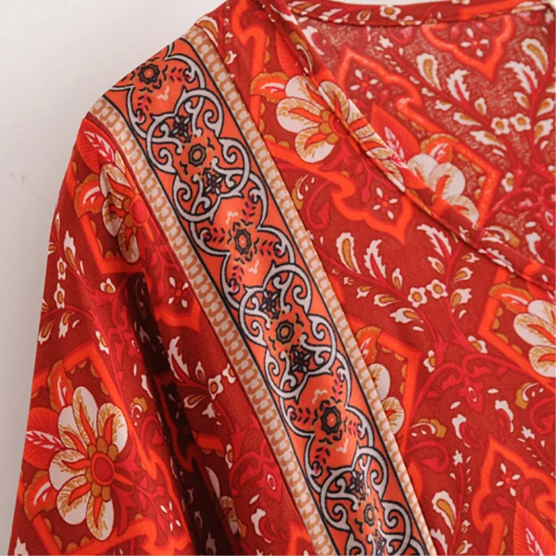 NSZ для женщин красный принт плиссированные Boho платье повседневное Свободные
