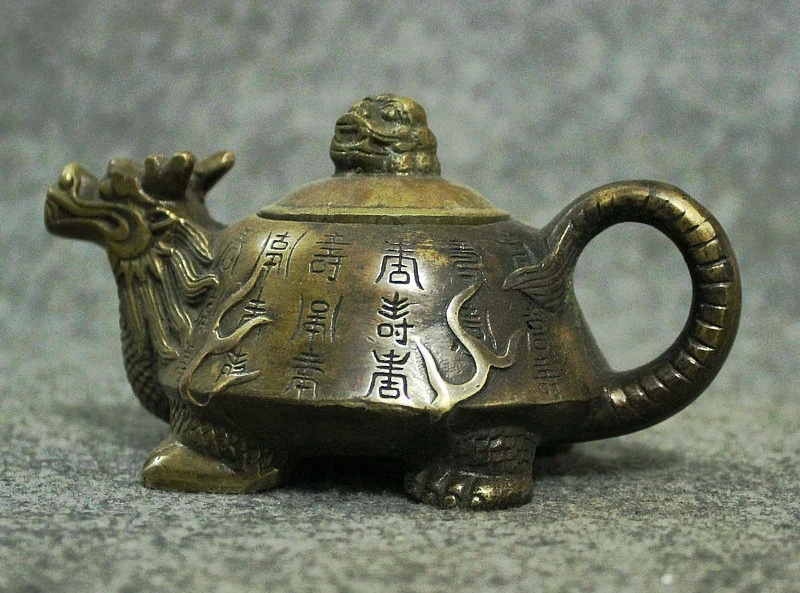 FengShui Китай Бронзовая медная 100 Shou голова черепахи дракона Статуя чайник с винным