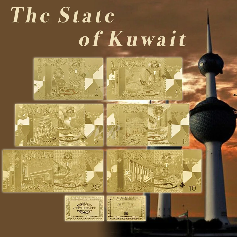 6 шт./лот Kuwait Normal Gold Banknote набор 1/4 1/2 1 5 10 20 Позолоченные банкноты для