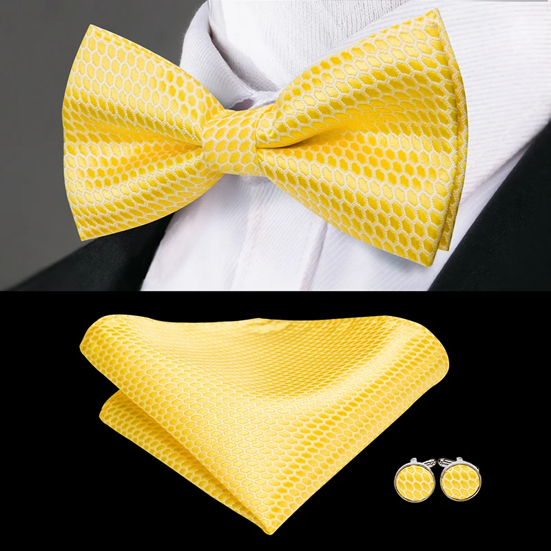 LH-770 Hi-Tie Classic Gold Bow Ties for Men Silk Butterfly Pre-Tied Bow Tie Pocket Square Cufflinks Set Wedding Party Yellow Bowtie - Цвет: LH-770