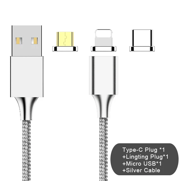 3 plug silver cable NOHON 3 в 1 Магнитный кабель для синхронизации данных 8 Pin для iPhone X 8 XS Plus Micro usb type C Быстрая зарядка для Xiaomi кабели зарядного устройства - Цвет: 3 plug silver cable