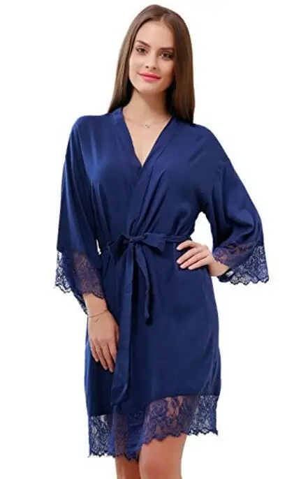 navy blue Хлопок мягкий и удобный халат для женщин Персонализированные кружево для отделки, пикантное женское кимоно, ночная рубашка халаты - Цвет: navy blue