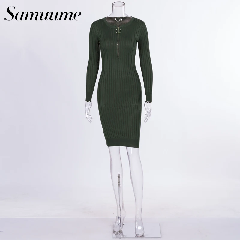 Samuume элегантный передняя молния сексуальное платье Природные Талия с длинным