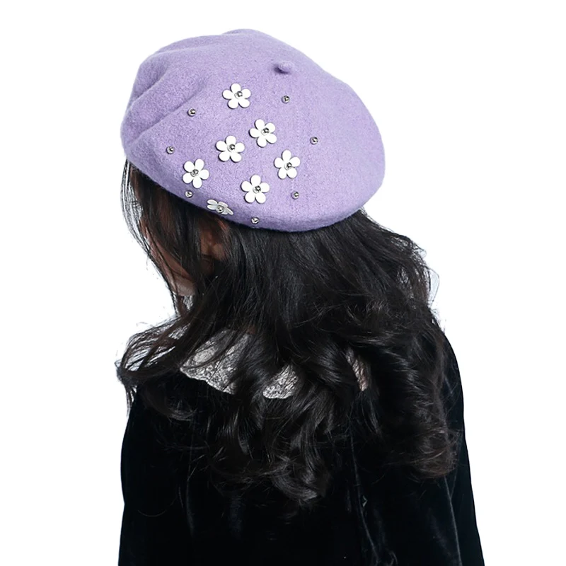 Lavender baby hat Новая модная детская шапка для девочек, шерстяная осенне-зимняя шапка с цветами для маленьких девочек, винтажный берет для младенцев, Детские аксессуары - Цвет: Lavender baby hat