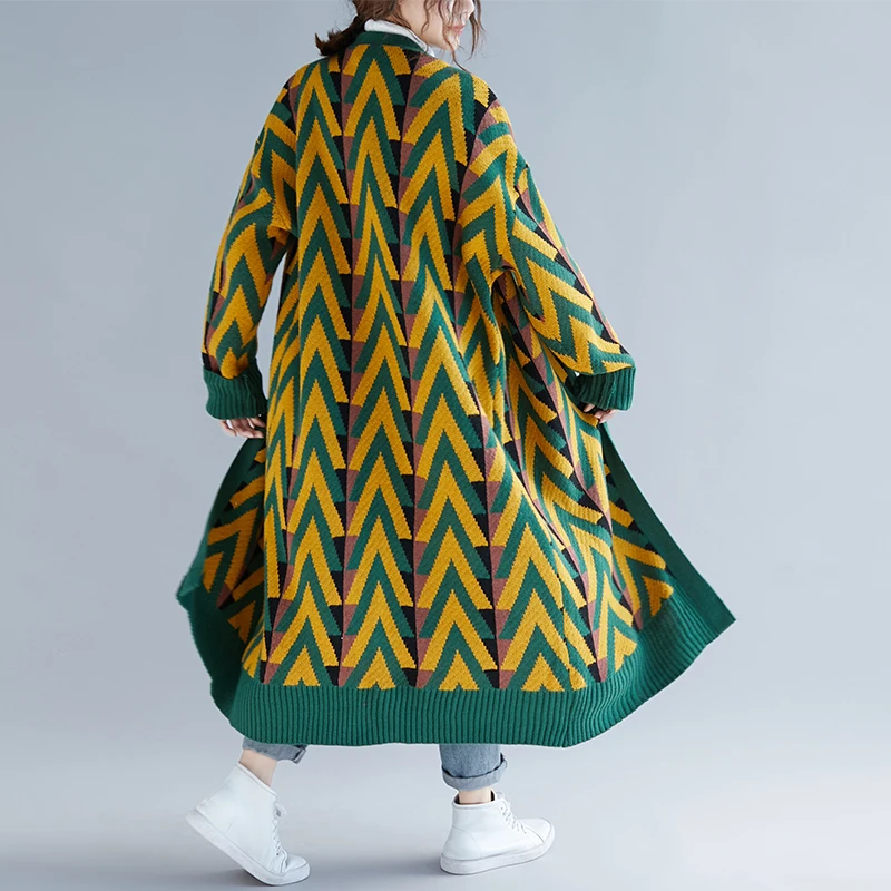 

BIG SIZE 4XL Autumn Winter Women Fashion Elegant Geometric Outwear Tops Lady Female Plus Large Long Sweater Cardigan Jacket Coat