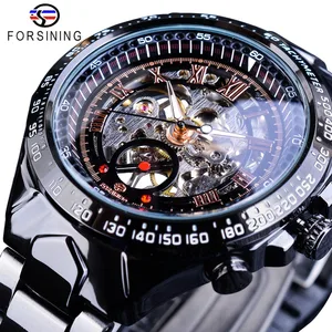 Forsining Sport Racing Speed Design Transparent Case Black Steel Luminous Mens Mechanical Skeleton Watch Top Brand Luxury Clock