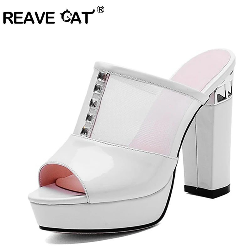 Женские босоножки из лакированной кожи REAVE CAT сетчатые туфли лодочки на высоком