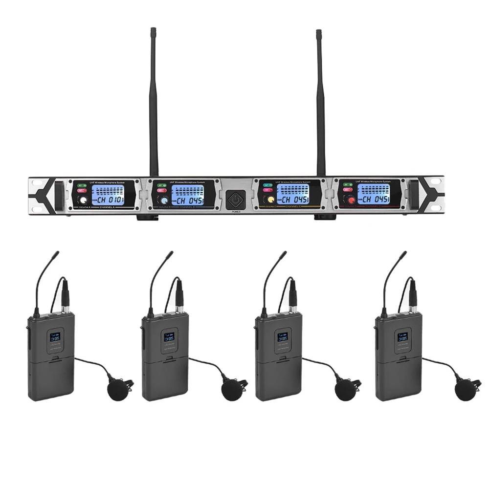 

Muslady D4-1 4-Channel Microphone UHF Wireless 4 Lapel Microphones with Bodypack Transmitters 1 Rack-Mount Receiver for Speech