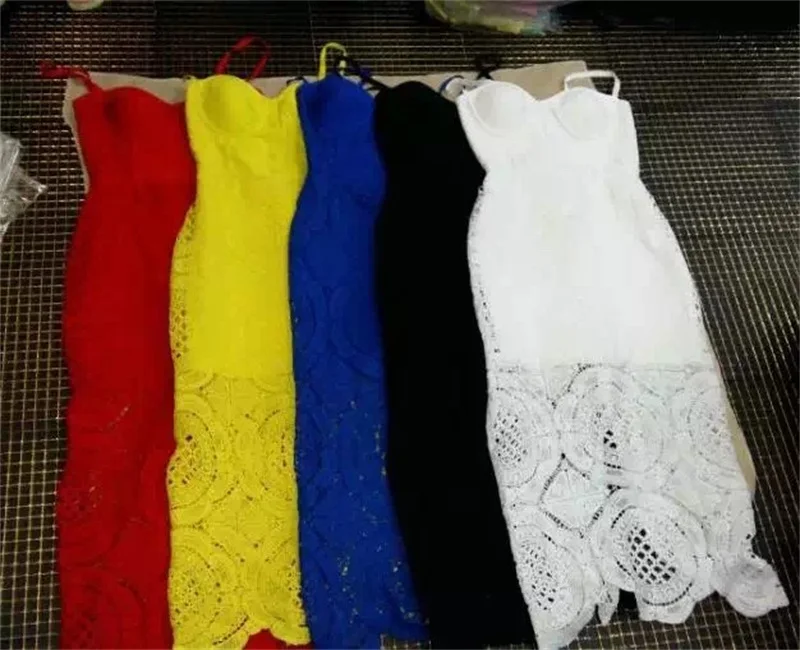 

Elegant Lace Bandage Dress Summer Women Split Spaghetti Strap Celebrity Party Bodycon Dress Vestidos Yellow Blue White Black Red
