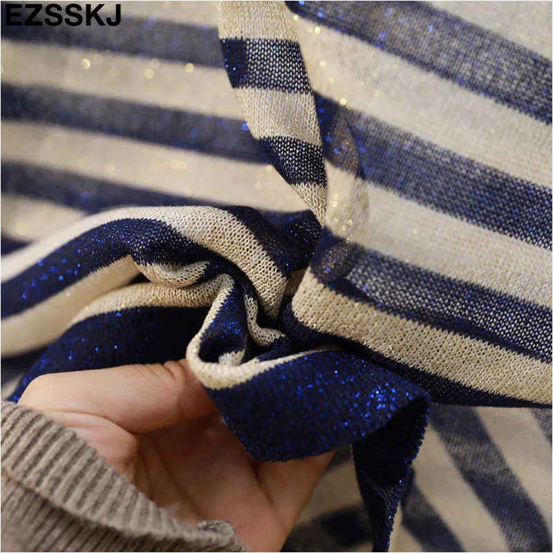 thin summer striped knit t-shirt Women short sleeve T-Shirt bling O-neck cool Glitter Basic t-shirt sexy shiny top