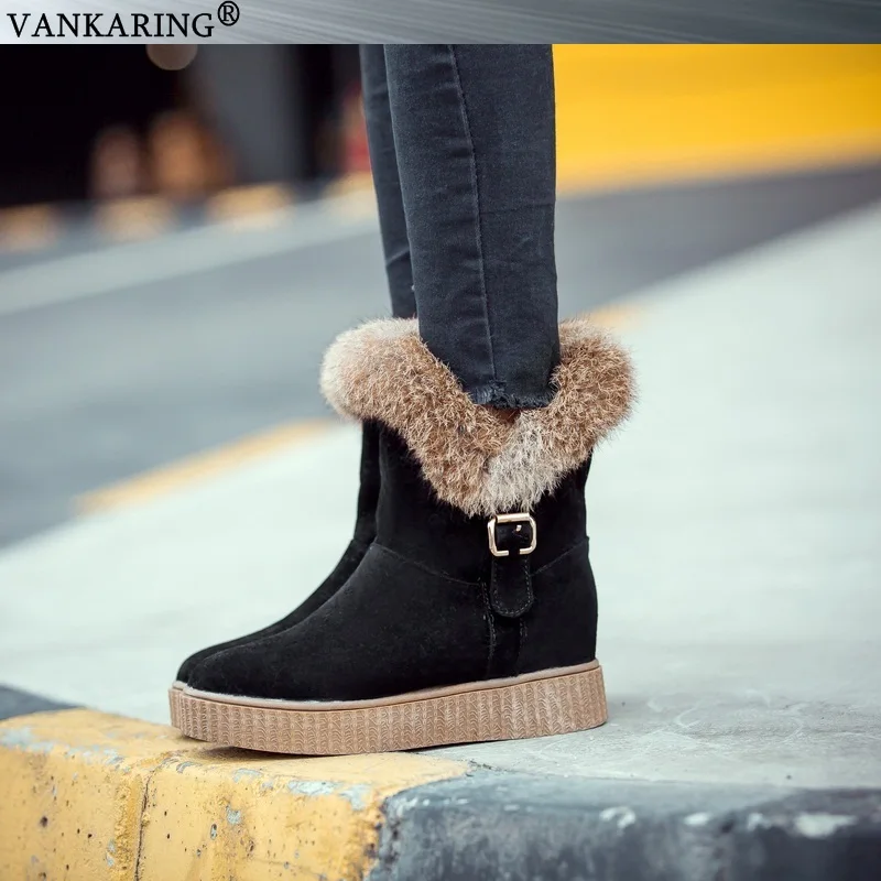Vankering/осенне-зимние ботинки; женская обувь без шнуровки с натуральным кроличьим мехом; Модные женские ботильоны на платформе; теплые плюшевые ботинки черного цвета
