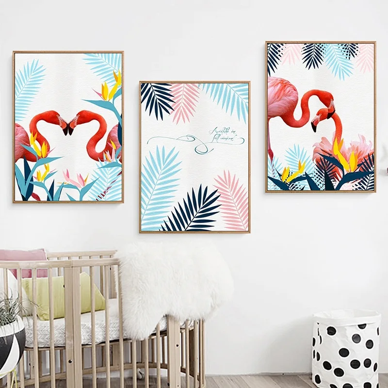 

HAOCHU Nordic Watercolor Pink Flamingo Wall Art Canvas Painting Cuadros Decoracion Wall Pictures For Living Room No Frame