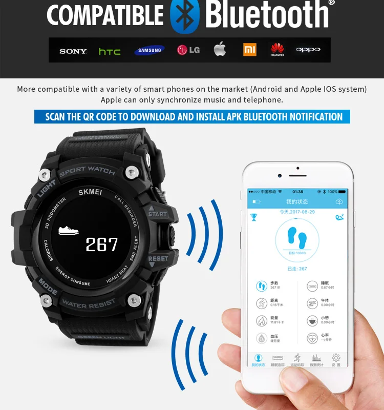Модные Смарт-часы для мужчин Шагомер монитор сердечного ритма Bluetooth часы SKMEI мужские s часы Лидирующий бренд Роскошные Цифровые спортивные часы