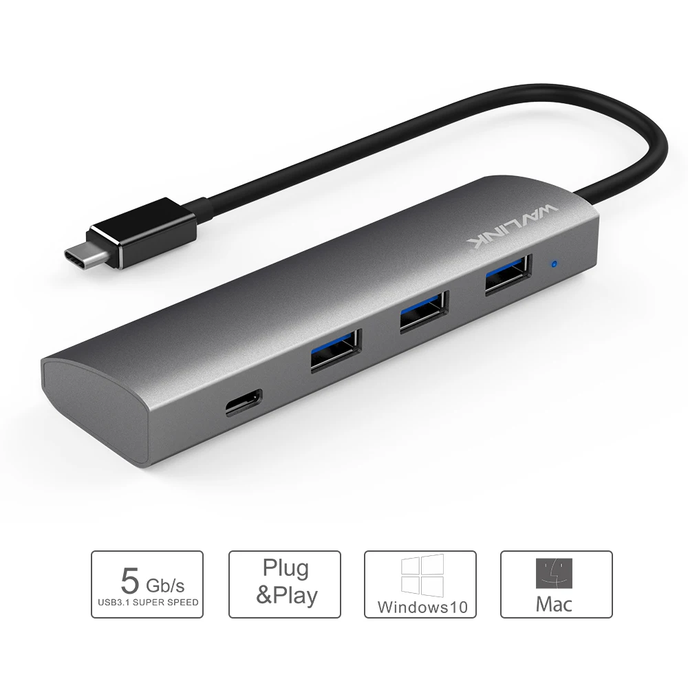 Wavlink USB 3,1 type C 4 порта концентратор адаптер высокая скорость 5 Гбит/с алюминий несколько USB-C концентратор для Windows Mac OS Android 5,0 более поздняя версия