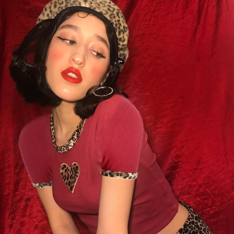 HEYounGIRL летние шорты рукав женская футболка Harajuku Леопардовый принт Топ Футболка