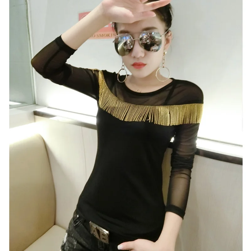 Camisas Femininas 2018 футболка женская кисточка Чистая Пряжа с длинным рукавом Футболка