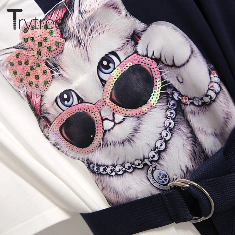 Trytree 2020 Summer Women Dress Casual Sequined Print Cat O-Neck Mini T shirt dresses Cotton Polyester Belt Loose Straight | Женская