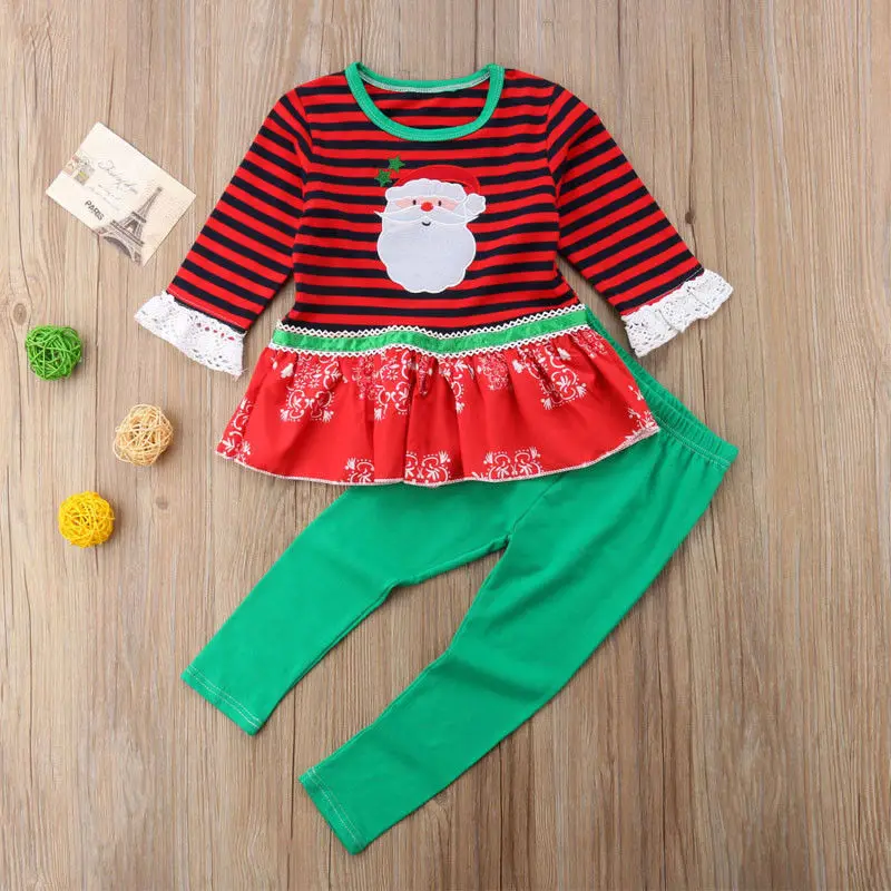 PUDCOCO Newest Happy XMAS Little/Big Sister Matching Newborn Baby Girl Christmas Striped Rompers Tops Pants Cotton Outfits Set | Мать и